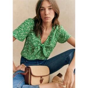 Sézane | Eloine Blouse Garden Green Floral Tie Front | Sz 2